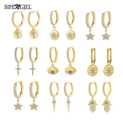 SIPENGJEL-pendientes de aro con colgante de luna y estrella de circón para mujer y hombre, aretes colgantes de Color dorado, joyería de boda, regalo