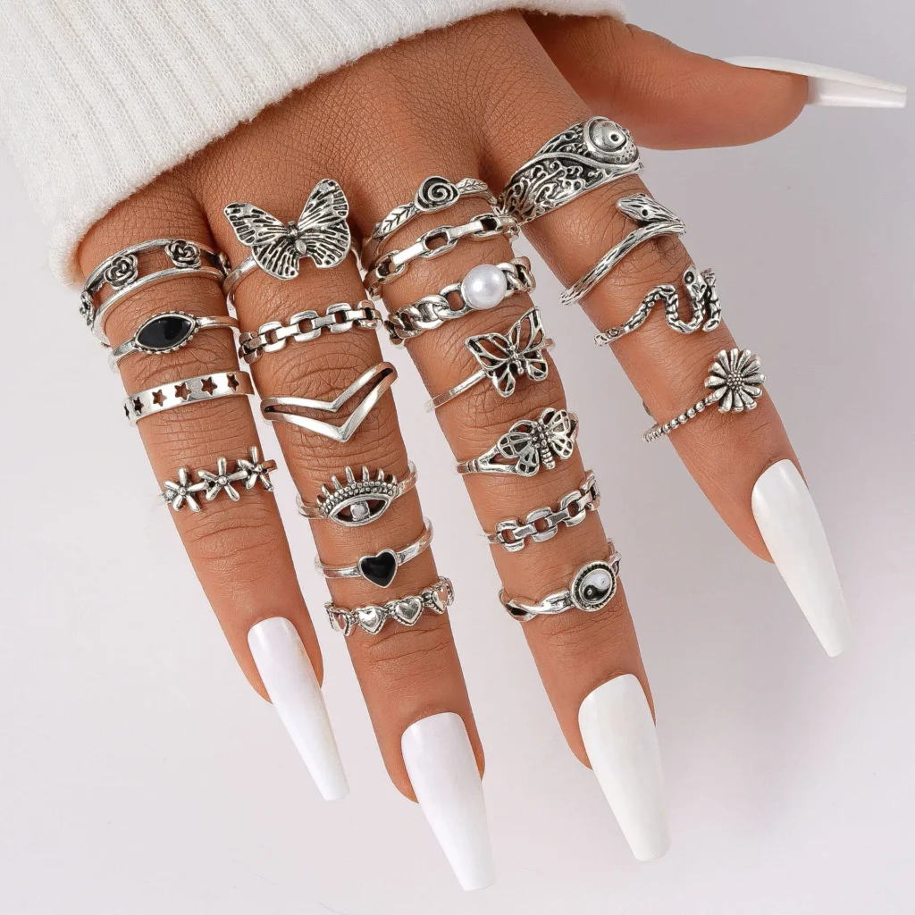 Conjunto de anillos de loto bohemio para mujer, concha, rosa, mariposa, gótico, Vintage, plateado, Retro, diamantes de imitación, joyería bohemia para dedo