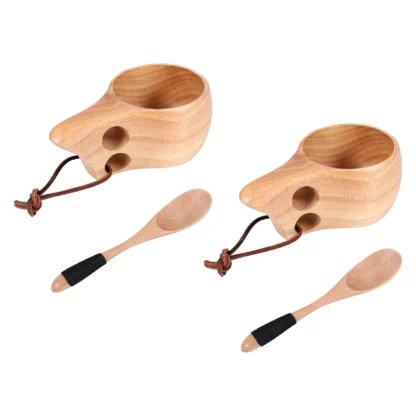 T35C Paquete de 2 tazas de madera de estilo nórdico, taza Kuksa portátil para acampar al aire libre, taza de café de madera con cuchara de madera