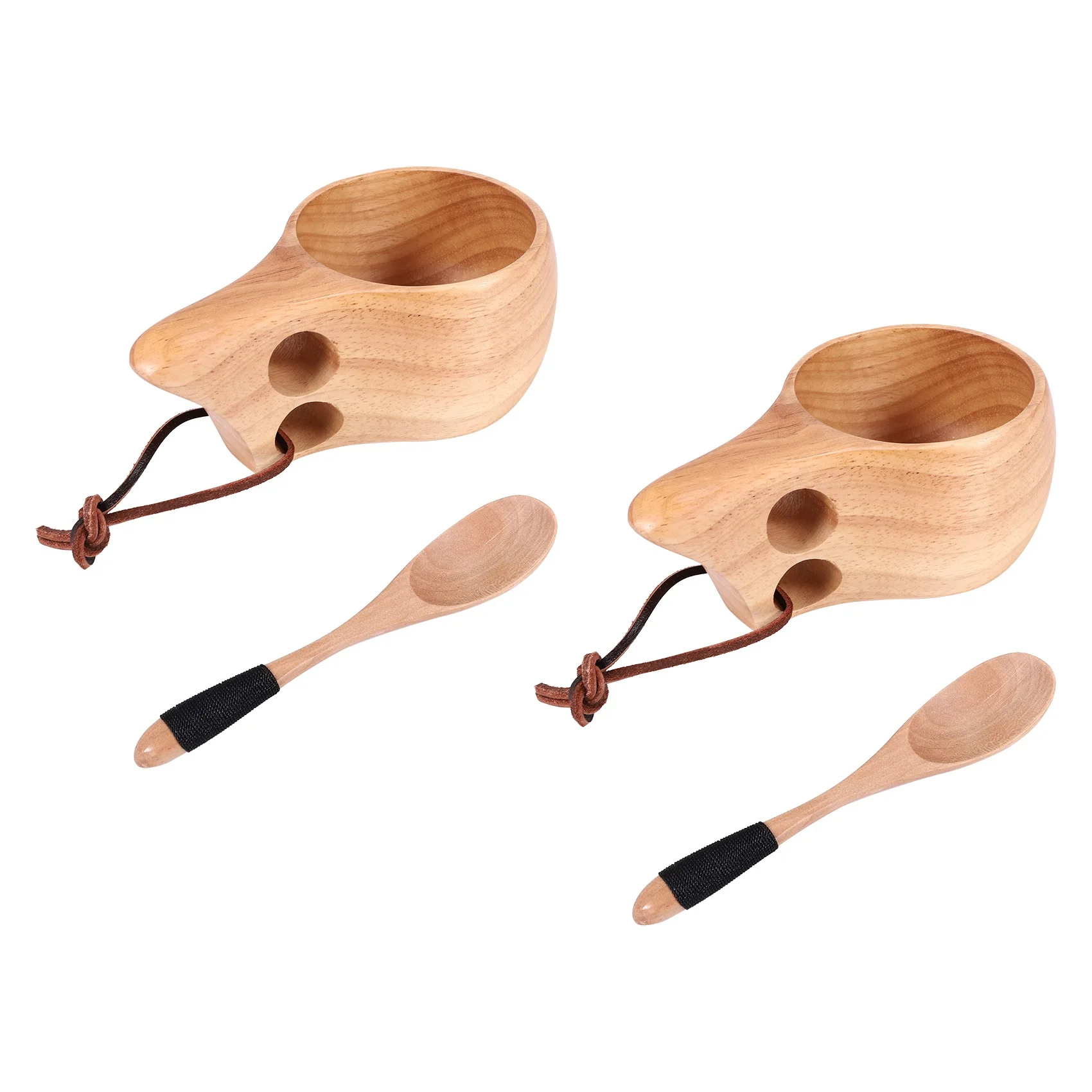 T35C Paquete de 2 tazas de madera de estilo nórdico, taza Kuksa portátil para acampar al aire libre, taza de café de madera con cuchara de madera