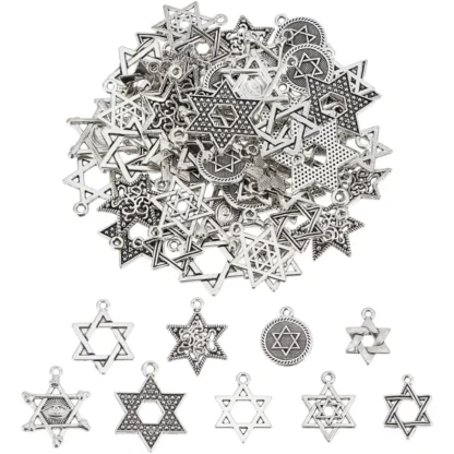 1 caja 72 Uds 9 estilos estrella de David dijes Magen David estrella encanto hexagrama plata estrella de seis puntos kit de fabricación de la suerte