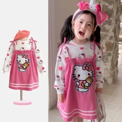Sanrios falda niña dulce falso conjunto de dos piezas primavera otoño Kawaii nuevo vestido niño dibujos animados pana empalme sudadera vestido