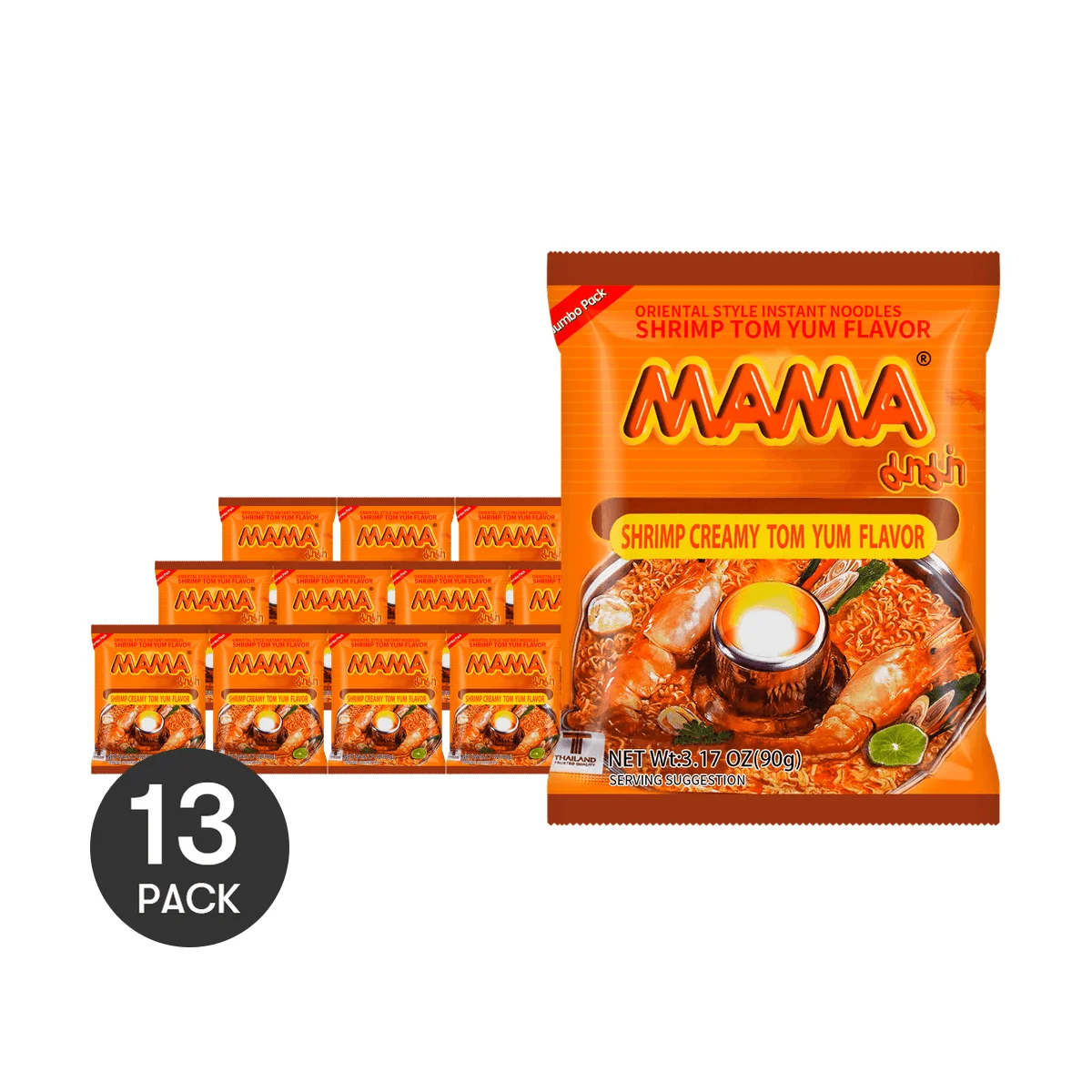 Fideos Instantáneos MAMA, gambas cremosas, sabor Tom Yum, auténtico estilo Oriental, 90g cada uno, 13 paquetes