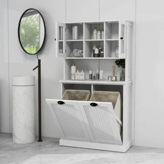 Mueble para la colada con puertas dobles, mueble, mueble de baño con cesto para la colada oculto y puertas de vidrio, blanco, 13 x 2 galones