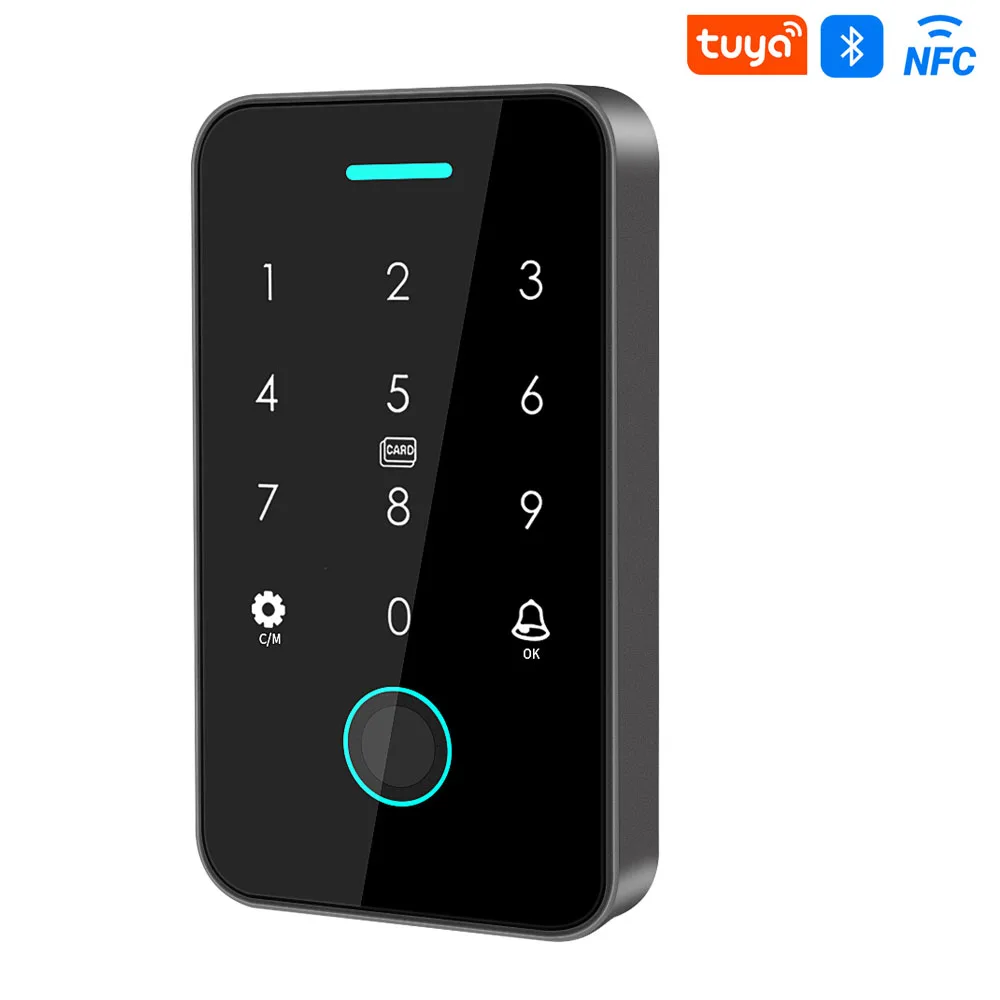 NFC Bluetooth Tuya aplicación retroiluminación táctil 13,56 Mhz tarjeta RFID Control de acceso teclado abridor de cerradura de puerta salida WG IP66 resistente al agua