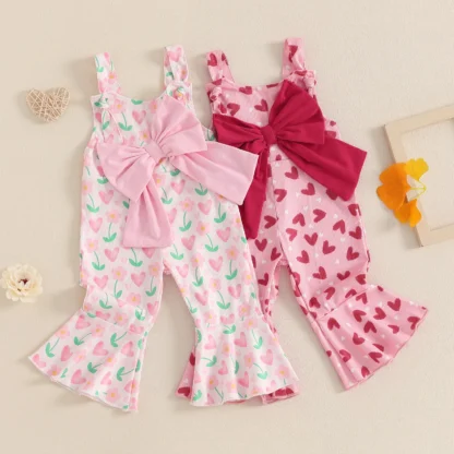Preciosos monos para niñas con estampado de corazón, pantalones acampanados con lazo, monos para el Día de San Valentín, ropa informal para niños, monos