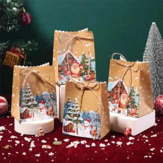 Bolsas de papel Kraft de Navidad, 10 piezas, muñeco de nieve, bolsas de regalo de dibujos animados coloridos, decoración de fiesta, bolso de mano, envoltura de regalo
