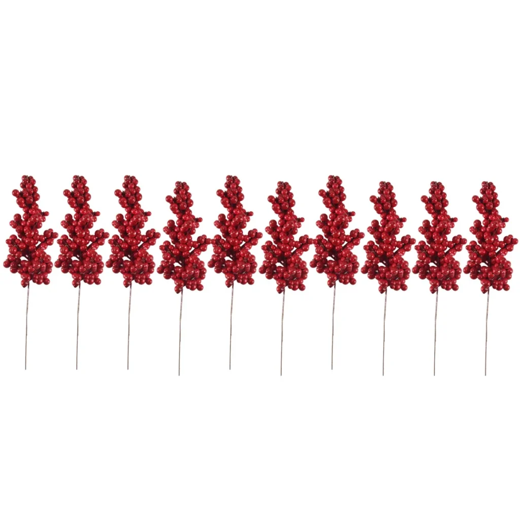 10 Uds. De bayas rojas artificiales, ramas decorativas con bayas rojas, ramas de otoño, selecciones de Navidad, ramas de bayas