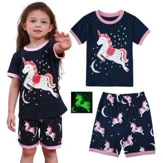 Pijama Infantil Niña Unicornio Verano Algodón Dibujos Niño Animados Cumpleaños Fiesta Manga Corta 3 - 10 Años 2 Piezas