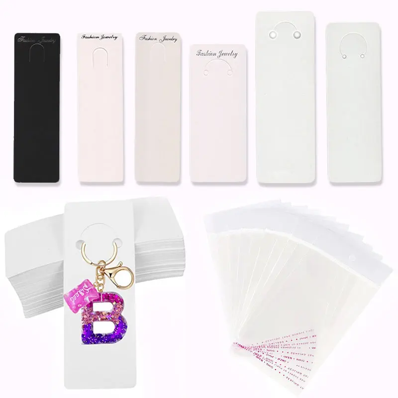 Llaveros de tamaño múltiple de 50 unids/lote, tarjetas de papel, embalaje blanco y negro para joyería, soporte para tarjetas de exhibición, etiquetas de precios al por menor