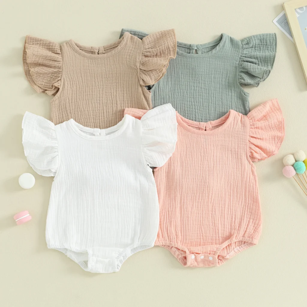 Peleles informales de burbujas para niñas, monos de Color sólido con cuello redondo y manga de mosca, ropa infantil de verano