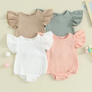 Peleles informales de burbujas para niñas, monos de Color sólido con cuello redondo y manga de mosca, ropa infantil de verano