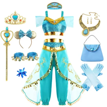 Vestido de princesa Jasmine para niñas, disfraz árabe de fantasía, fiesta de cumpleaños, Navidad, Cosplay para niños