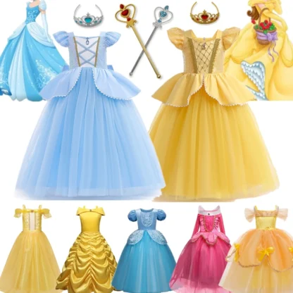 Vestido de princesa Bella para niñas, disfraz de La Bella y La Bestia, vestido de fiesta de cumpleaños para niños, disfraces de Halloween para niños