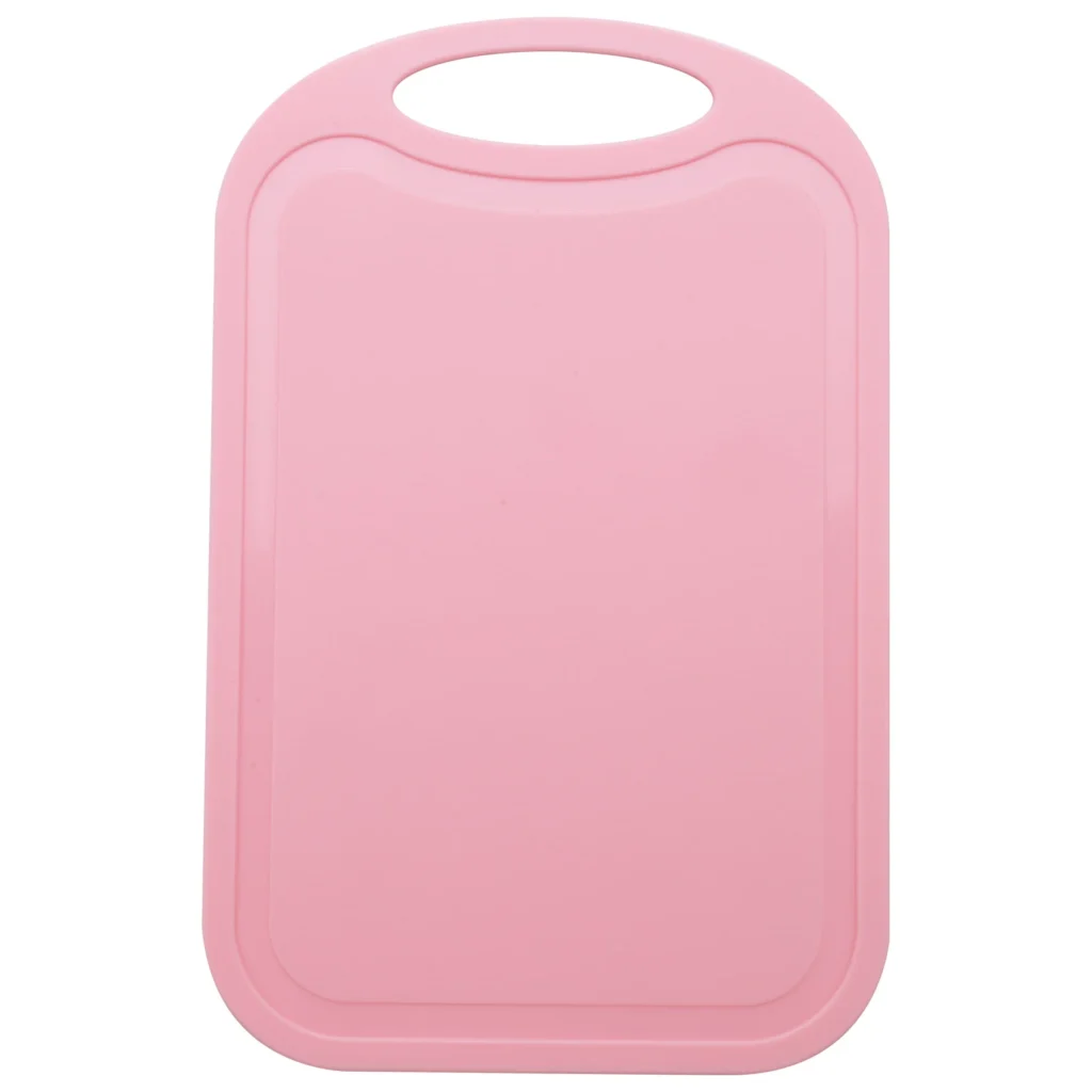 Bloque de cortar de plástico T35C, tabla de cortar de carne y verduras, antideslizante, antidesbordamiento con agujero colgante, tabla de cortar rosa