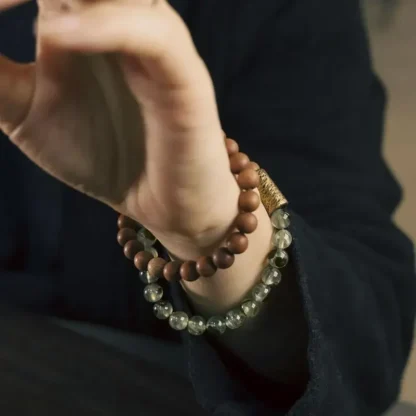 Pulsera de cuentas de madera de sándalo rutilado, cuarzo verde, anillo doble Vintage, joyería de mano para niñas, nuevo