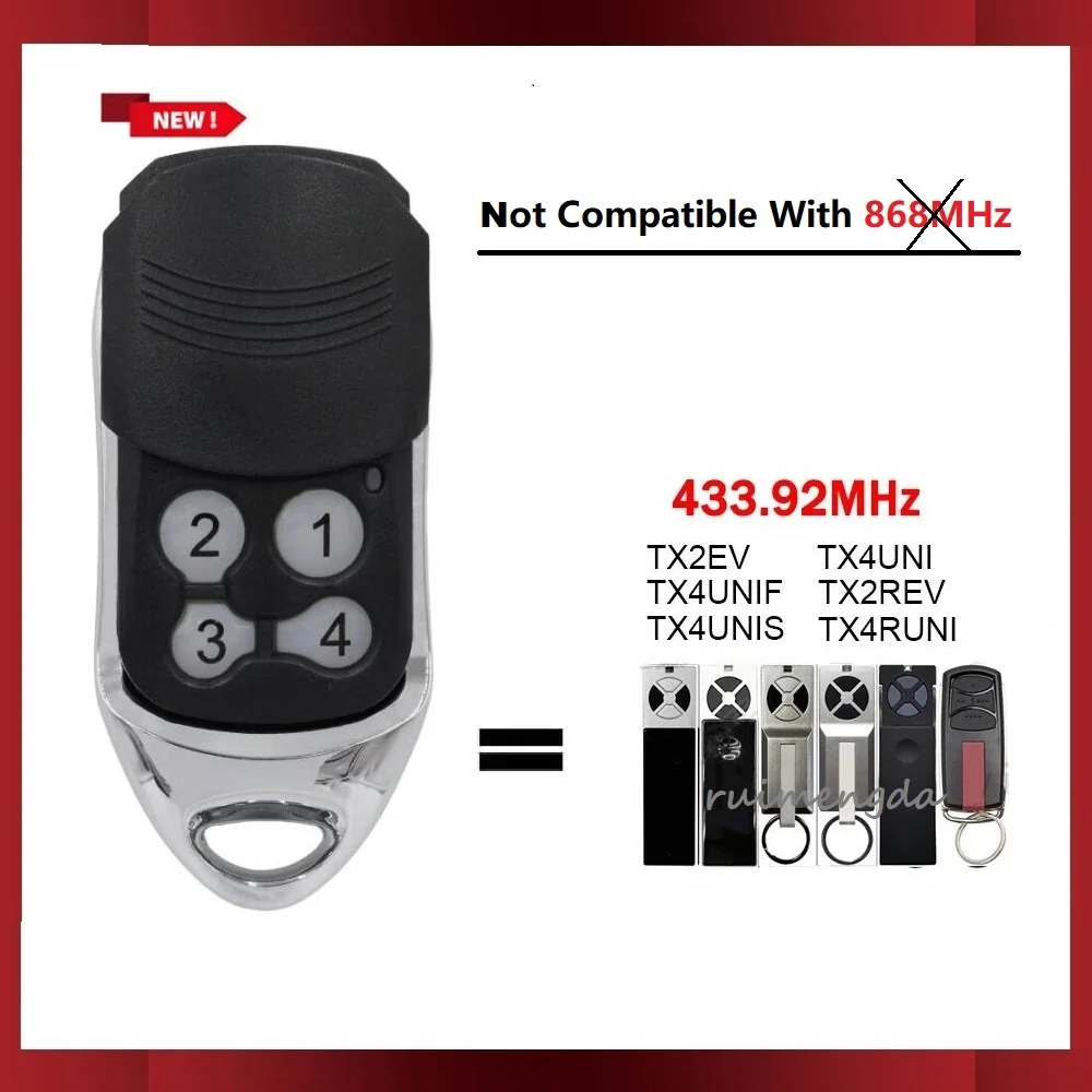 TX2REV TX4REV TX4RUNI TX4UNIS TX2EV TX4EV TX2EVS mando a distancia, transmisor de apertura de puerta de garaje, 433,92 MHz, 4 canales, código rodante