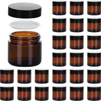 Frascos de 2oz con tapas, paquete de 24 frascos de vidrio ámbar con tapas, envases cosméticos vacíos, tarro de vidrio hermético redondo con revestimientos interiores