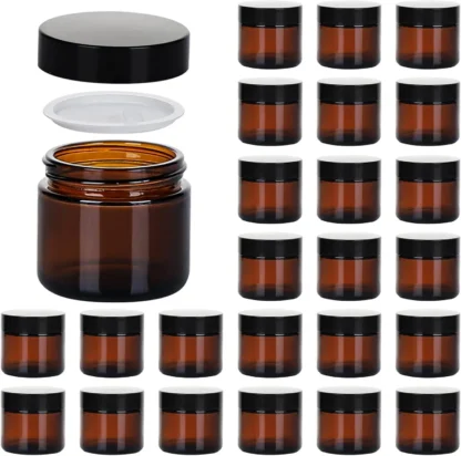 Frascos de 2oz con tapas, paquete de 24 frascos de vidrio ámbar con tapas, envases cosméticos vacíos, tarro de vidrio hermético redondo con revestimientos interiores