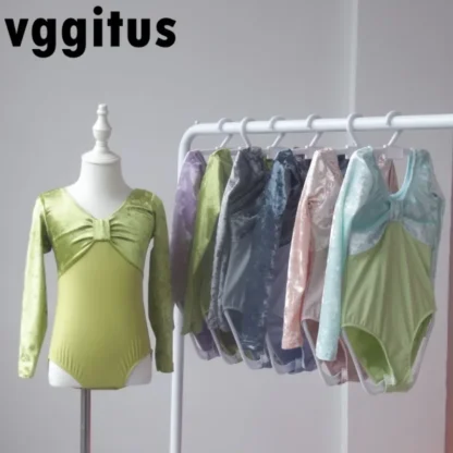 Traje de baile infantil para primavera y otoño, mono de manga larga con cuello en V y alta elasticidad, tutú de malla/falda de gasa H605