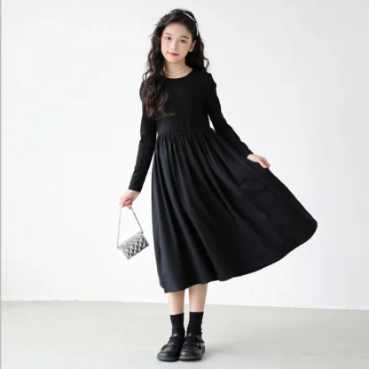 Ropa para niñas, vestido sencillo tejido de manga larga para niñas, vestido largo informal de Color sólido con cuello redondo para otoño 2024