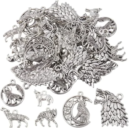 48 Uds. De dijes de lobos de 6 estilos, dije de lobo, aleación a granel, plata antigua, Luna, dragón, estilo tibetano, pluma, Animal salvaje, kit de fabricación redondo