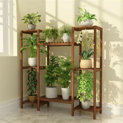 Soporte de plantas de bambú de varios niveles, estante de exhibición de flores para bonsái, interior y exterior, 10 macetas