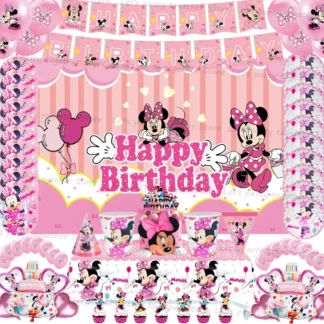 Decoración de cumpleaños para niños de Minnie Mouse rosa, recuerdos para niñas, accesorios de fiesta, suministros, vajilla, plato, servilleta, globo, paja