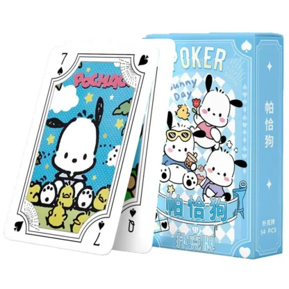 Sanrio Pochacco naipes juegos de mesa lindo dibujos animados niño niños juguetes niños juguete juego de cartas de baraja perro blanco cachorro amarillo pollito