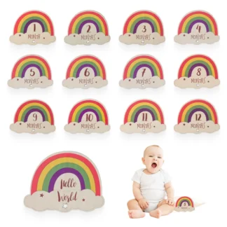 Woodem tarjetas de hitos de arcoíris para bebé, tarjeta conmemorativa, tarjeta mensual, accesorios de fotografía de edad grabados de madera, regalo de nacimiento para recién nacido