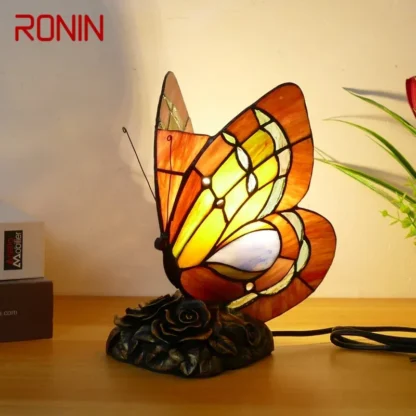 RONIN-lámpara de mesa de mariposa Tiffany, lámpara de escritorio de vidrio manchado, Retro, americana, para sala de estar, dormitorio, Villa lujosa, Hotel