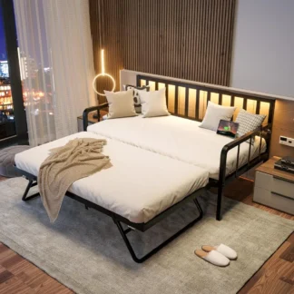 Sofá cama con cama nido, estructura de cama doble con estación de carga y luces LED, sofá cama nido de metal