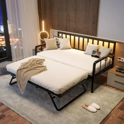 Sofá cama con cama nido, estructura de cama doble con estación de carga y luces LED, sofá cama nido de metal