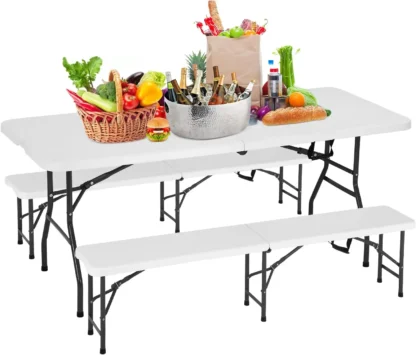 3-Piece Picnic Table Bench Set 6FT Camping Folding Plastic with Two Benches Carrying Handles