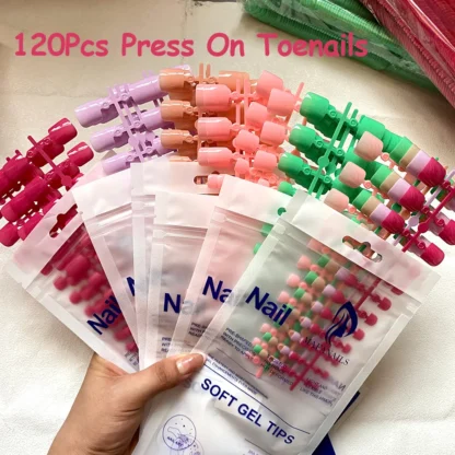 Uñas postizas cortas para dedos de los pies, uñas postizas brillantes de Color sólido, cuadradas, cobertura completa, punta de uñas artificiales coloridas, 120 piezas