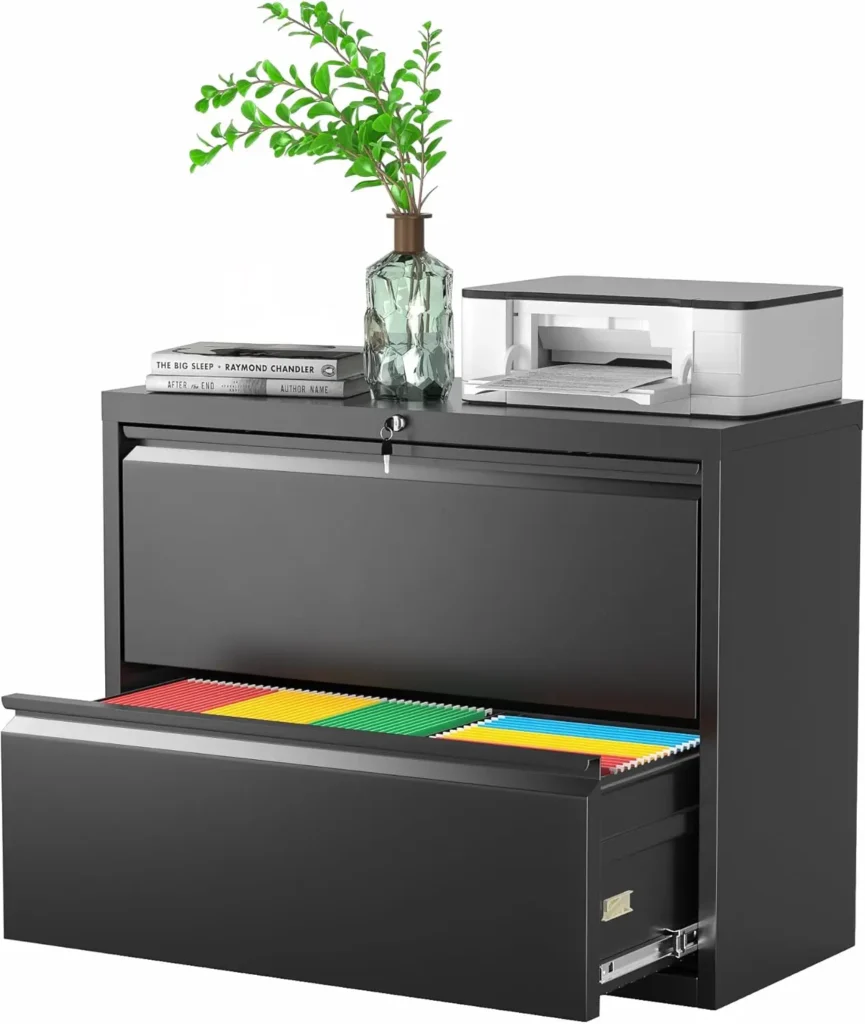 Archivador con cajones, archivador lateral negro con cerradura, archivadores de oficina para tamaño Legal/letra/A4/F4 con archivos colgantes