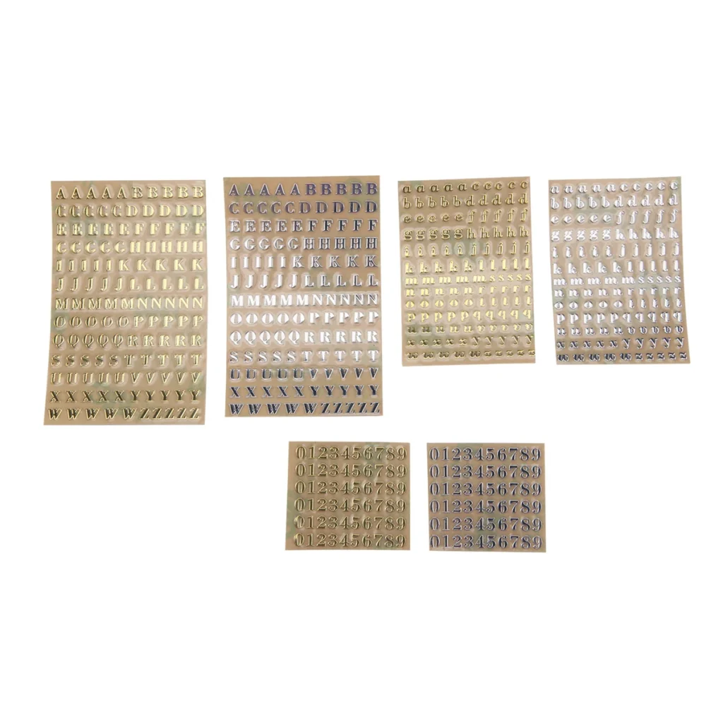 6 hojas pequeñas de pegatinas de números del alfabeto de 0,12 pulgadas, pegatinas de letras autoadhesivas de aleación con purpurina, dorado/plateado (3 mm)