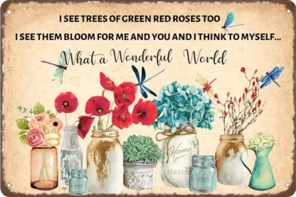 1p,What a Wonderful World Flowers, divertido cartel de Metal de estaño, flores de girasol, cartel, placa, decoración de entrada, galería, carteles de pared, pulgadas