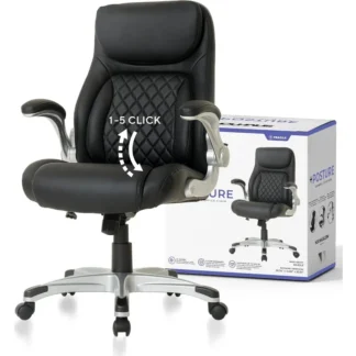 Silla de oficina ergonómica de cuero PU. Soporte Lumbar Click5 con Reposabrazos FlipAdjust. Silla ejecutiva moderna y computadora