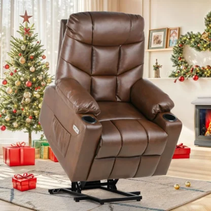 Sillón reclinable de piel sintética con masaje y calor, asiento espacioso, puertos USB, portavasos, bolsillos laterales, control remoto