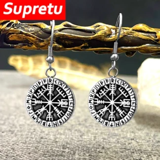 Pendientes de brújula vikingos Vintage para hombre, colgante de 24 runas, Vegvisir, talismán pagano, pendientes de gota de acero de titanio, regalos de joyería