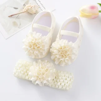 Conjunto de zapatos planos y Diadema para niña recién nacida, suela suave de princesa, flor antideslizante, primeros pasos, vestido de novia infantil, zapatos para caminar