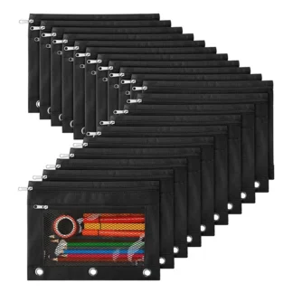 Bolsa de papelería de malla de 20 piezas para carpeta de 3 anillas, estuche para lápices con cremallera, bolsa con carpeta de ventana de malla de 2 bolsillos A