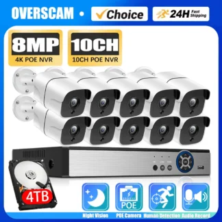 Cámara de seguridad NVR POE de 10 canales, 4K, sistema de 10 canales, cámara IP impermeable para exteriores, Kit de sistema de videovigilancia, Kit NVR CCTV de 8MP, 8 canales