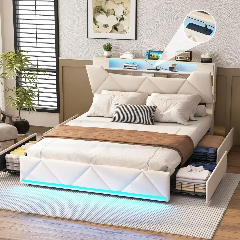 cama. Estructura de cama tamaño queen con cabecero de almacenamiento y 4 cajones, plataforma tapizada con estación de carga y luces LED, ajustable
