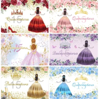 Fondo de princesa para quinceañeras, vestido dulce 15 para niñas, corona con purpurina, fondo Floral para fotografía de fiesta de cumpleaños, pancarta de estudio fotográfico
