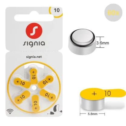 60 uds/10 tarjetas Signia baterías para audífonos tamaño 10 S10 A10 ZA10 PR70 A10, 60 uds Señia audífono Zinc Air 10 batería