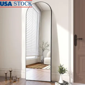 Espejo arqueado de longitud completa con soporte, marco de aluminio fino, vidrio a prueba de explosiones de alta definición, guardarropa para dormitorio y sala de estar