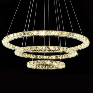 Candelabros modernos con anillo de diamante LED, acabado de espejo cromado, lámpara colgante de acero inoxidable para habitación, Lustres