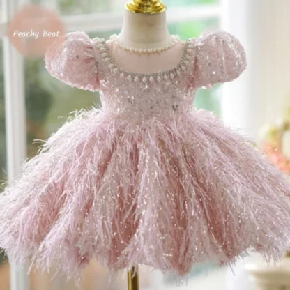 Vestido de princesa con lentejuelas y plumas para niña, Vestido de manga acampanada con perlas, ropa para fiesta de cumpleaños y bebé de 2 a 14 años
